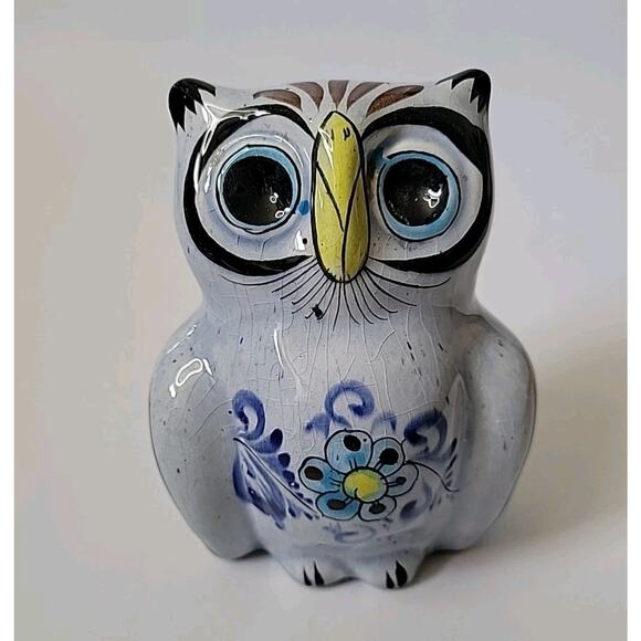 Vintage Talavera Owl Figurine 5" Hand Painted Glazed Ceramic Bohemian Folk Art - Picture 5 of 9